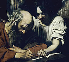 Follower of Caravaggio, 'Saint Matthew and the Angel', 1620-30 (detail).